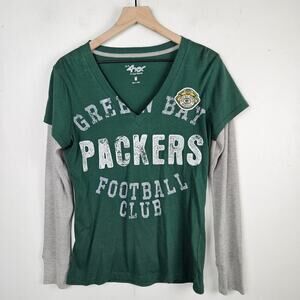 4Her Green Bay‎ Packers Faux Layered Long Sleeve Tee Women's M Grey Thermal
